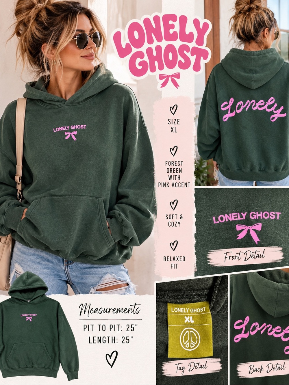 Lonely Ghost XL Forest Green Pink Bow Graphic Oversized Hoodie Streetwear
